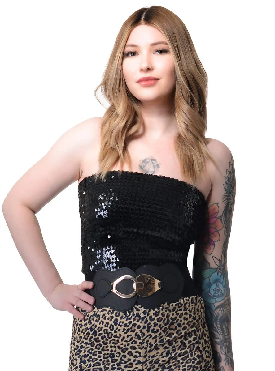 Stretchy Black Sequin 70s Boob Tube Womens Costume Top