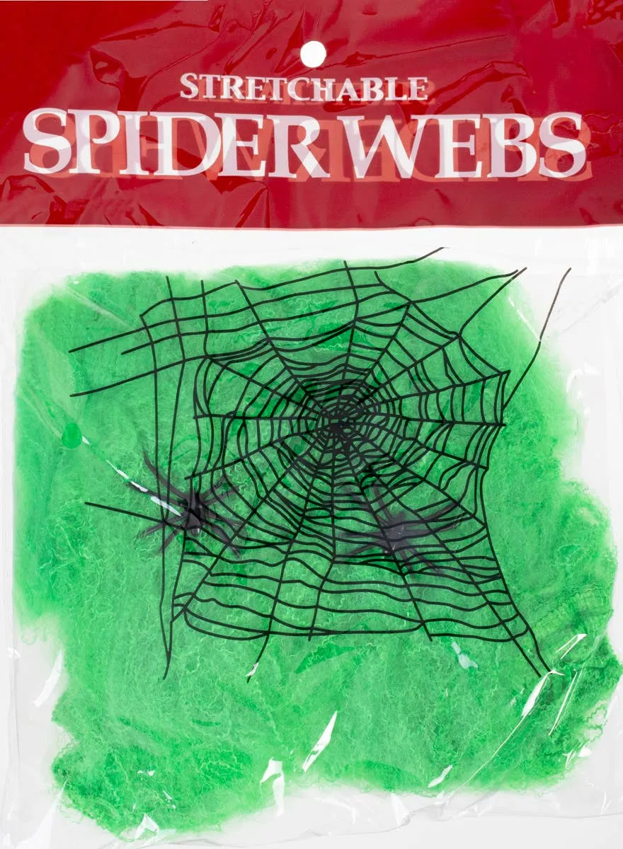 Stretchy Green Spiderweb with 2 Spiders Halloween Decoration