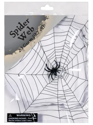 Stretchy White Spider Web with Black Plastic Spider Halloween Decoration