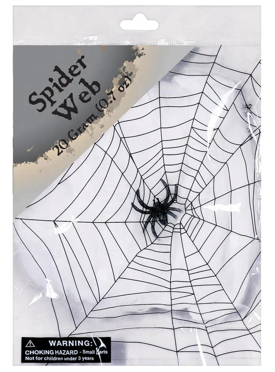 Stretchy White Spider Web with Black Plastic Spider Halloween Decoration