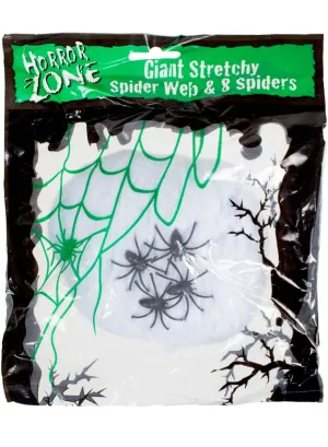 Stretchy White Spider Web with Spiders Halloween Decoration
