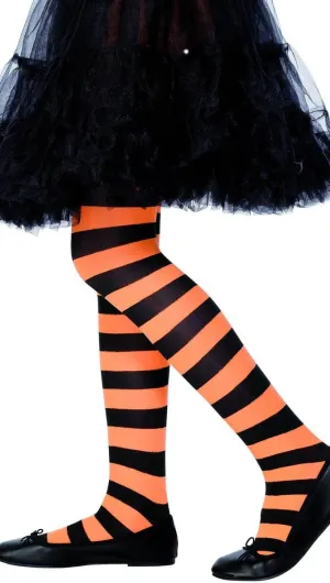 Striped Black and Orange Girls Full Length Stockings