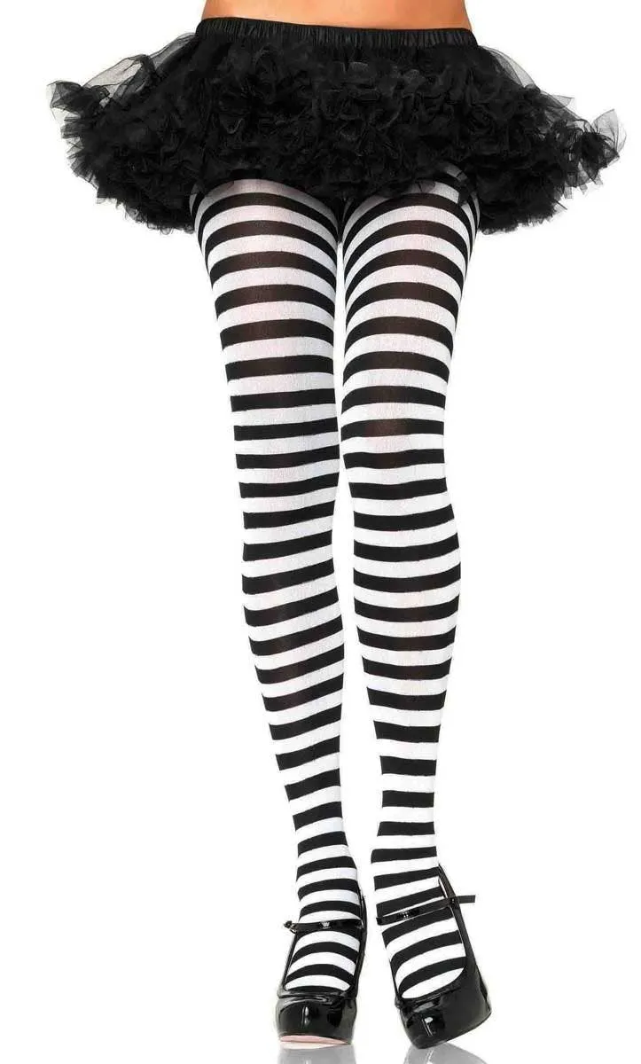 Striped Black and White Full Length Pantyhose