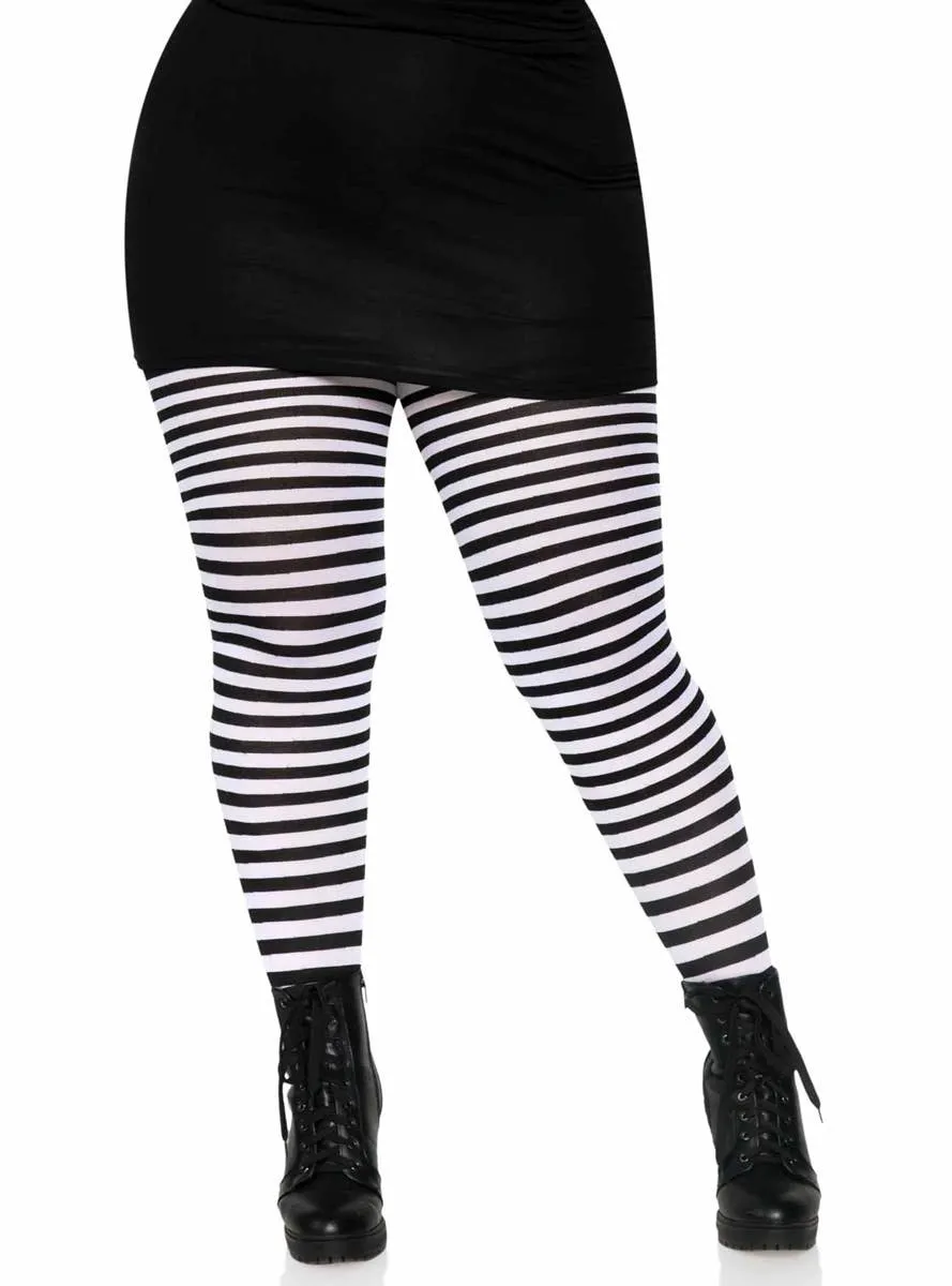 Striped Black and White Full Length Plus Size Pantyhose