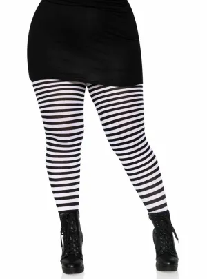 Striped Black and White Full Length Plus Size Pantyhose