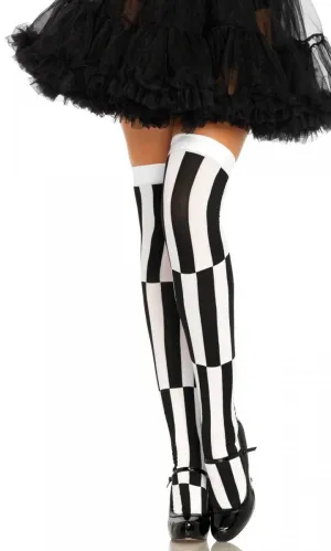 Striped Black and White Optical Illusion Thigh High Stockings