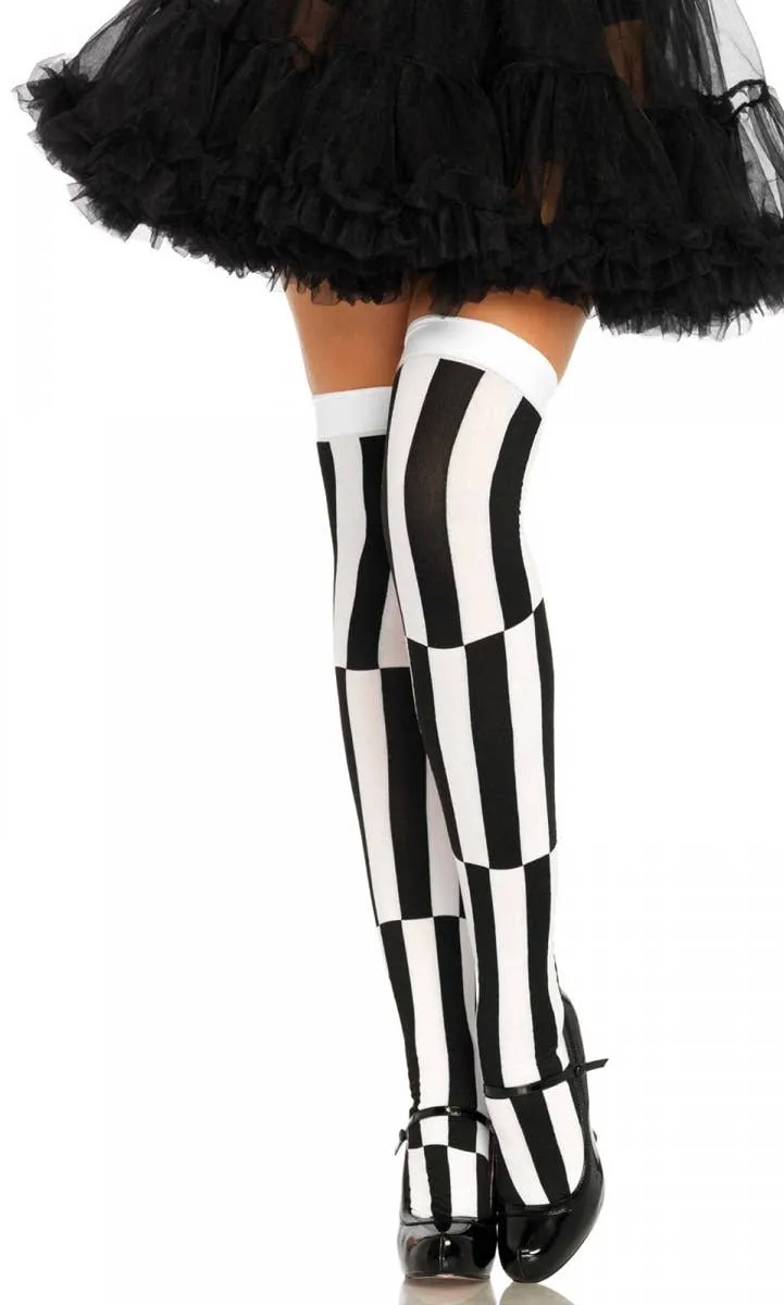 Striped Black and White Optical Illusion Thigh High Stockings