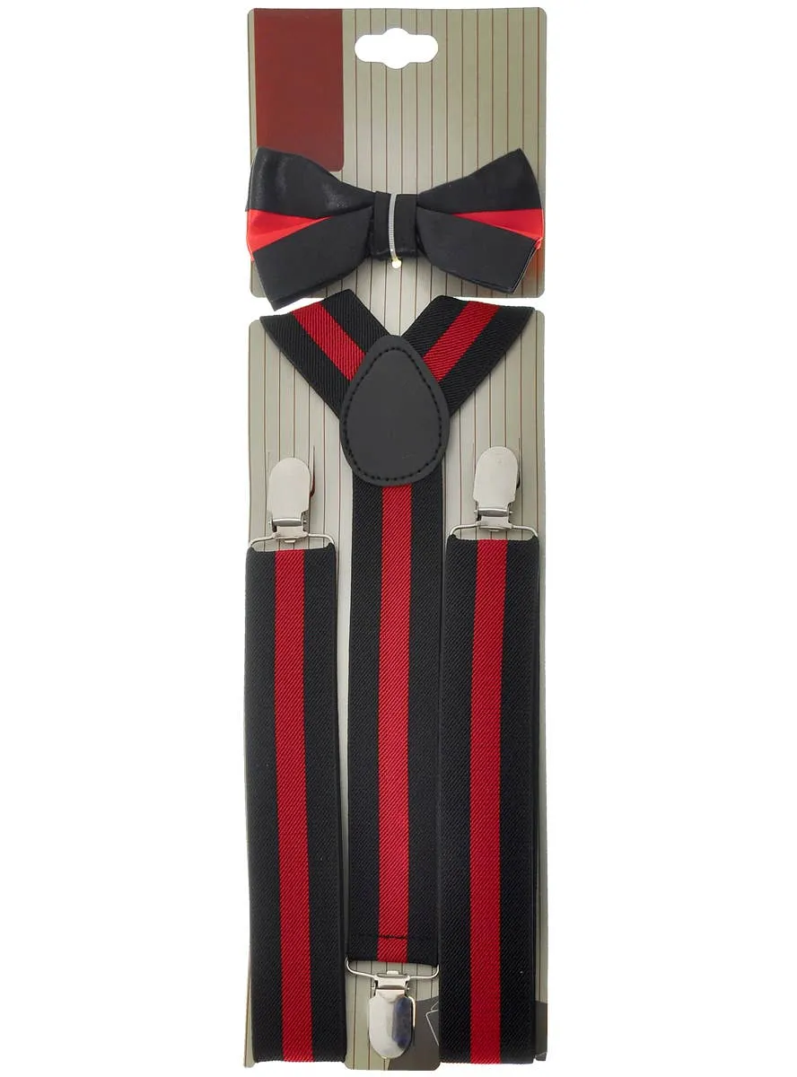 Striped Red and Black Braces and Bow Tie Set