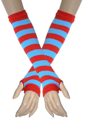 Striped Red And Blue Fingerless Costume Gloves