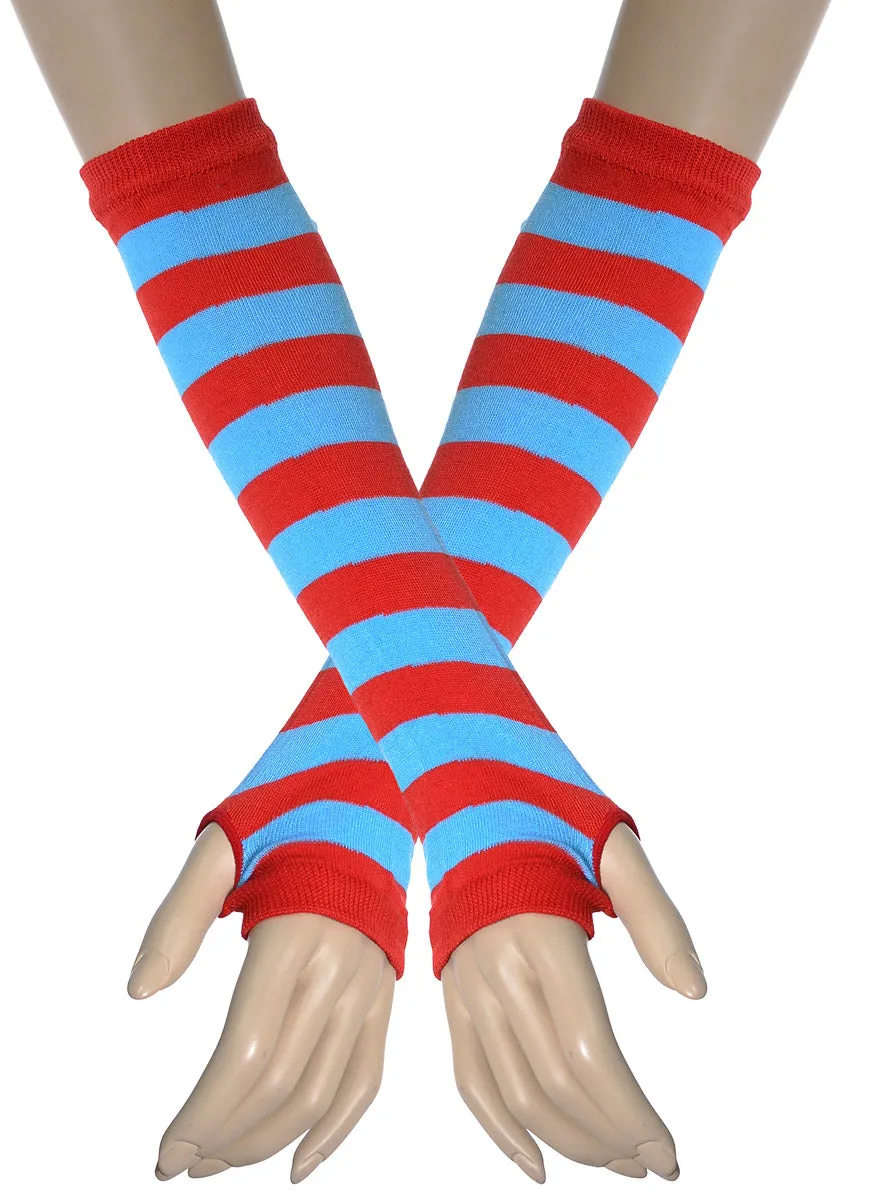 Striped Red And Blue Fingerless Costume Gloves