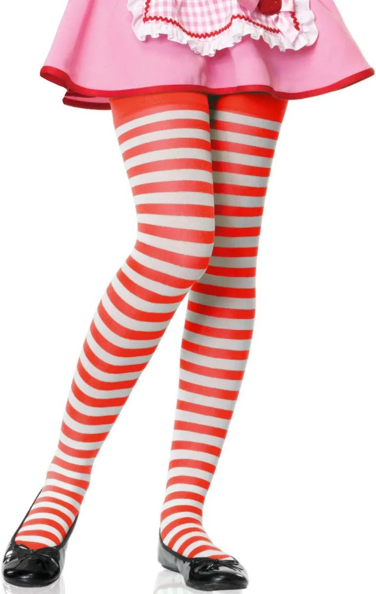 Striped Red and White Girls Opaque Full Length Stockings