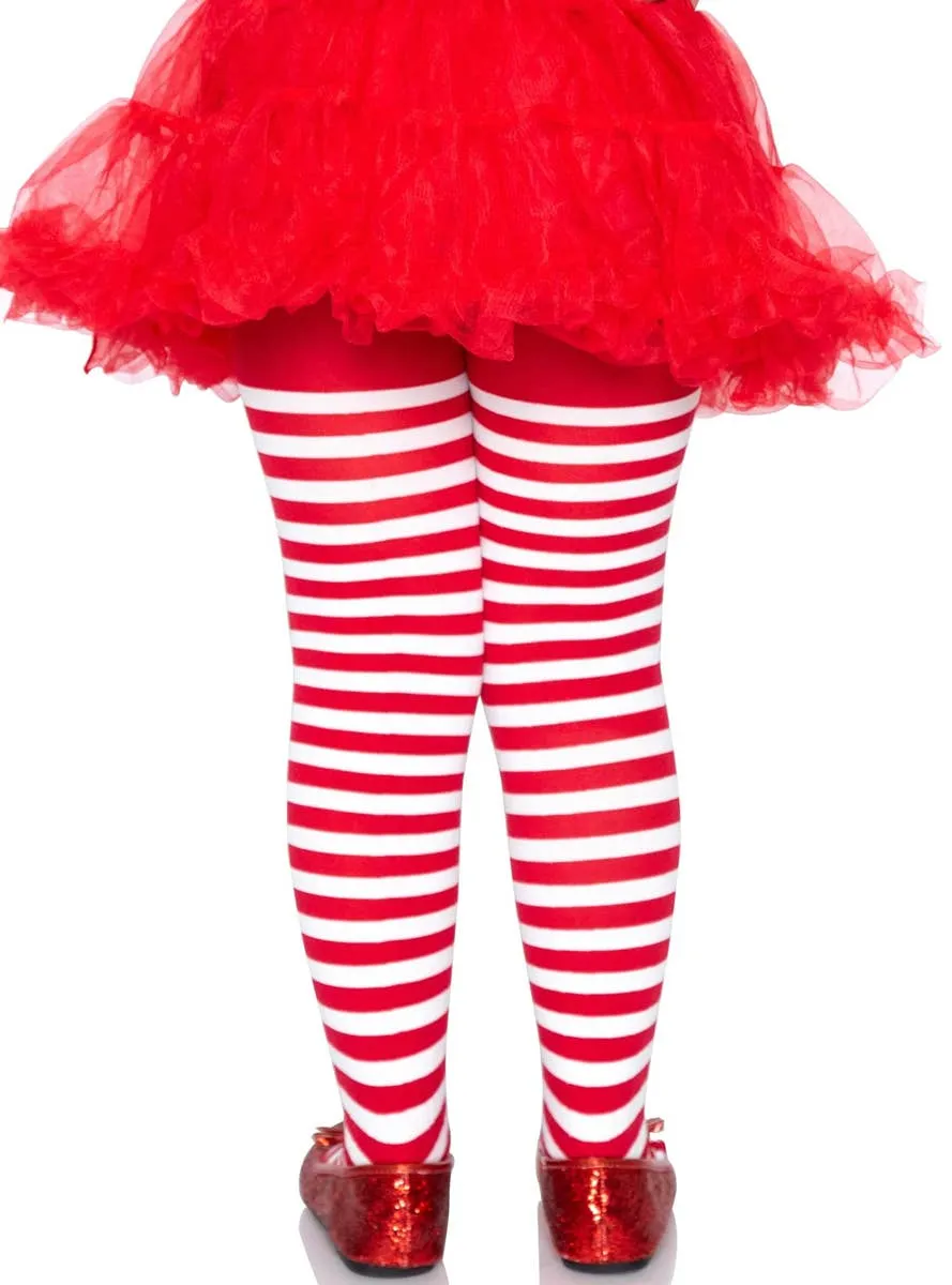 Striped Red and White Girls Opaque Full Length Stockings