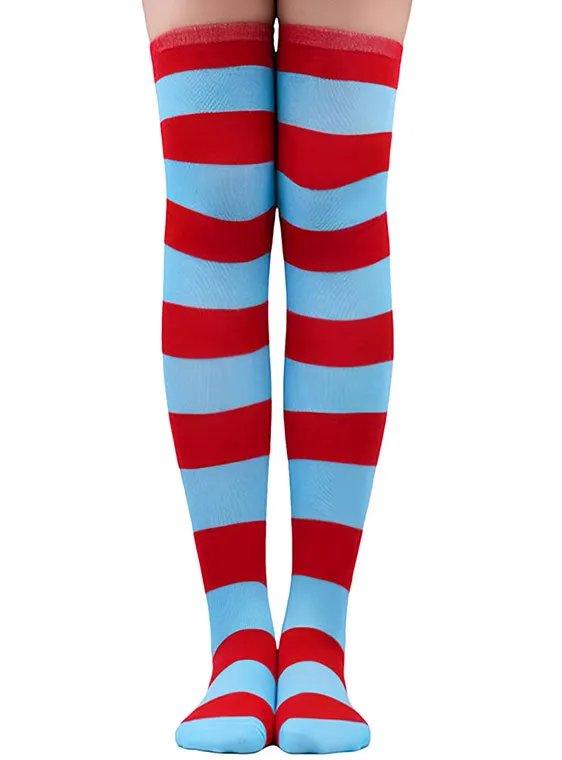 Striped Teen Girls Blue And Red Thigh High Stockings