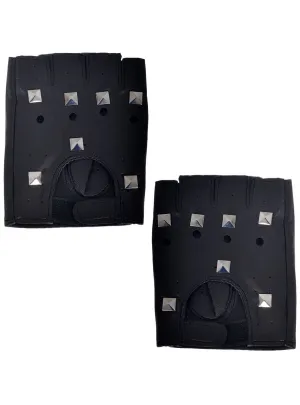 Studded Black Leather Look Fingerless Costume Gloves
