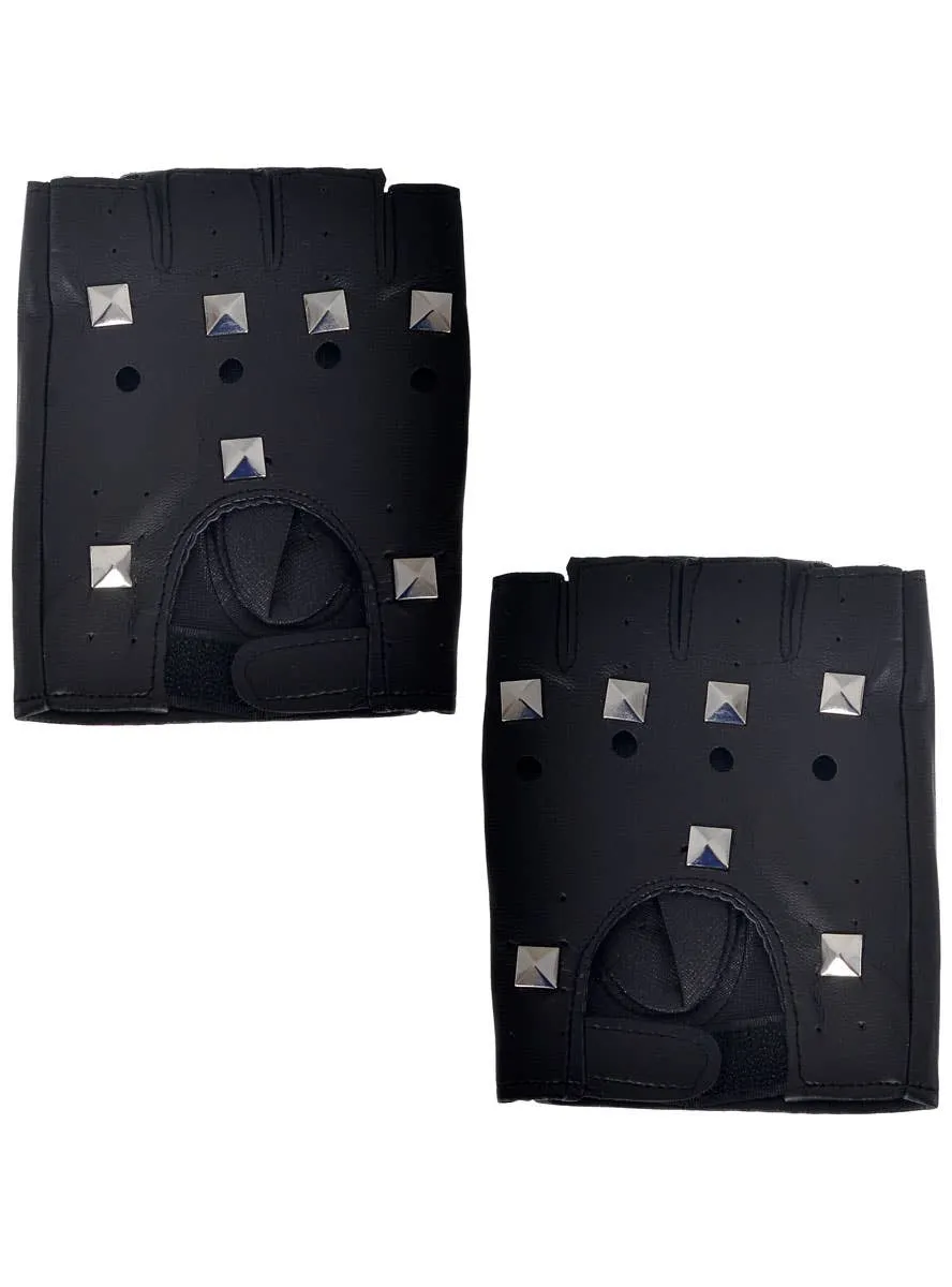 Studded Black Leather Look Fingerless Costume Gloves