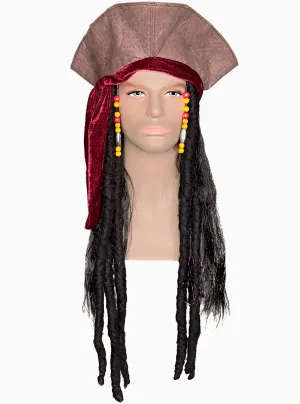Suede Look Mens Brown Pirate Costume Hat With Deadlocks