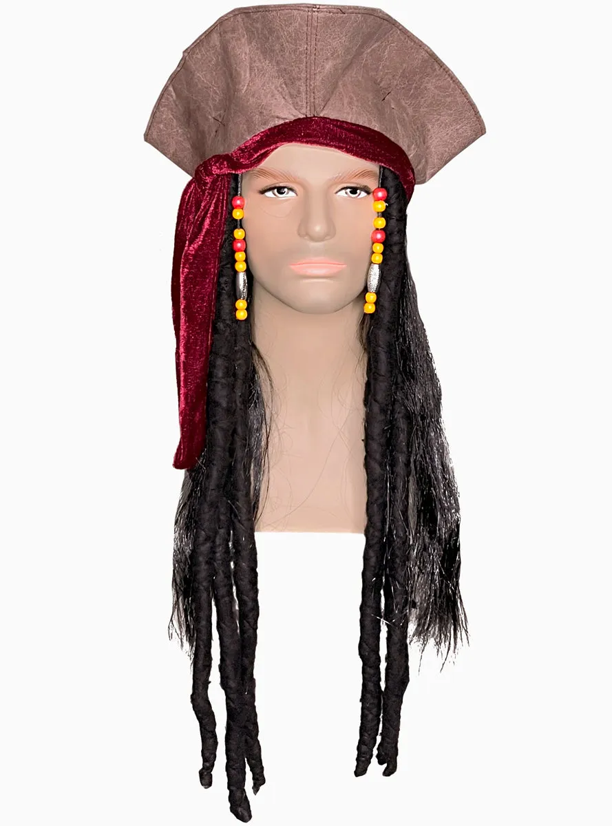 Suede Look Mens Brown Pirate Costume Hat With Deadlocks
