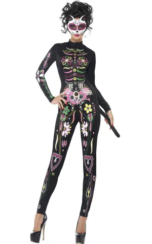 Sugar Skull Cat Womens Day of the Dead Catsuit Costume