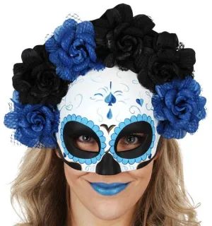 Sugar Skull Half Face Blue Masquerade Mask with Flowers