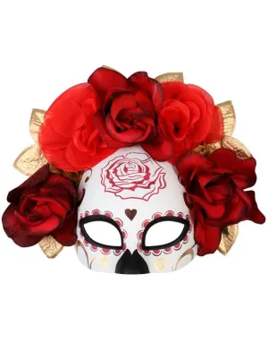 Sugar Skull Half Face Red Masquerade Mask with Flowers