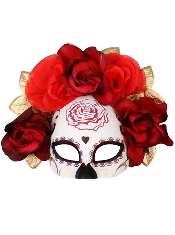 Sugar Skull Half Face Red Masquerade Mask with Flowers