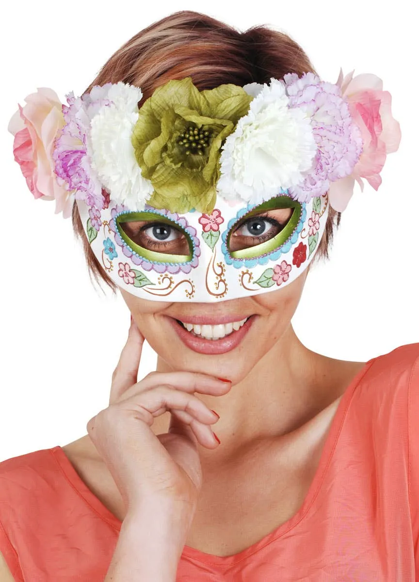Sugar Skull Pastel Masquerade Mask with Flowers