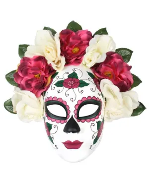 Sugar Skull Pink and White Deluxe Masquerade Mask with Flowers