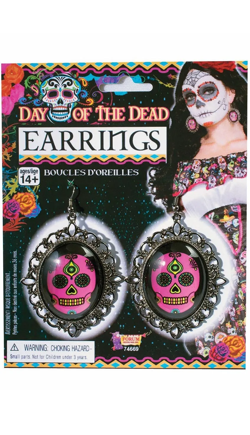 Sugar Skull Pink Day Of The Dead Costume Earrings