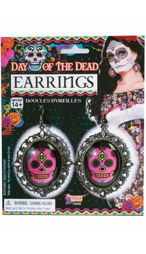 Sugar Skull Pink Day Of The Dead Costume Earrings