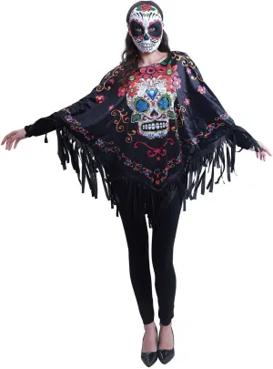 Sugar Skull Print Womens Halloween Costume Poncho