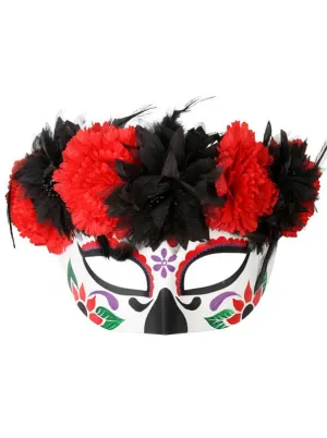 Sugar Skull Red and Black Masquerade Mask with Flowers