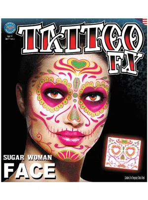 Sugar Woman Pink and Green Sugar Skull Face Tattoo