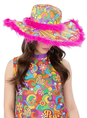 Summer Of Love Rainbow Fur Trim 60s Costume Sun Hat