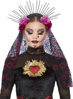 Sunburst Day of the Dead Headband with Red and Black Lace Veil
