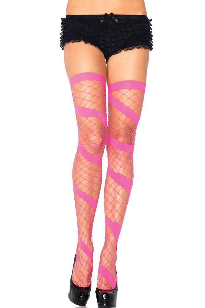 Swirl Diamond Net Neon Pink Thigh High Stockings