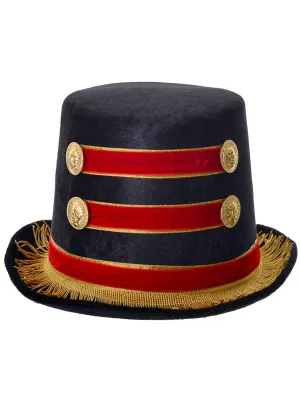 Tall Black Ringmaster Top Hat with Red and Gold Detail