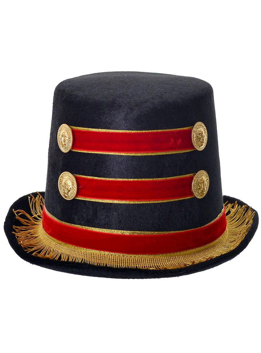 Tall Black Ringmaster Top Hat with Red and Gold Detail
