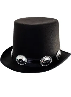 Tall Black Top Hat with Decorative Silver Buckles