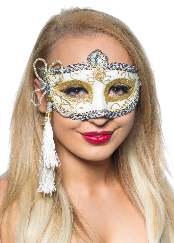 Tassel White and Gold Venetian Masquerade Mask