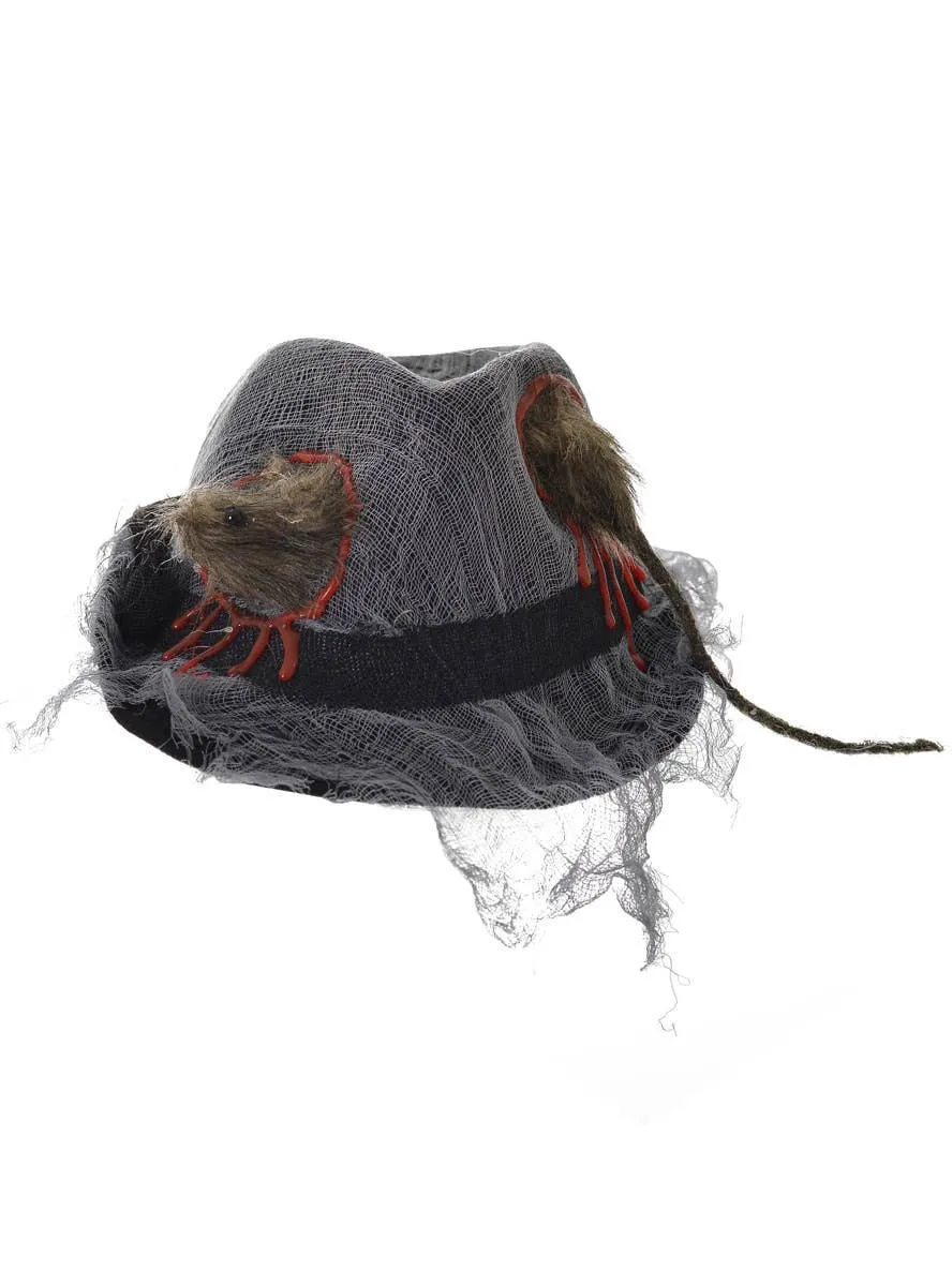 Tattered Black and Grey Fedora Hat with Rat