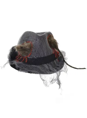 Tattered Black and Grey Fedora Hat with Rat