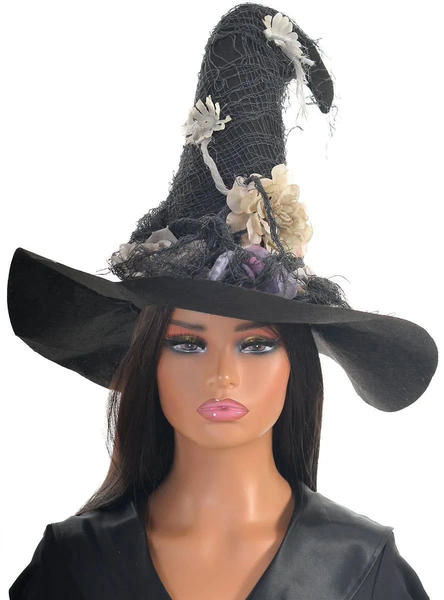 Tattered Black Felt Witch Hat with Purple Flower Embellishments