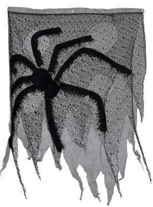 Tattered Door Cover with Giant Black Fake Spider Halloween Decoration
