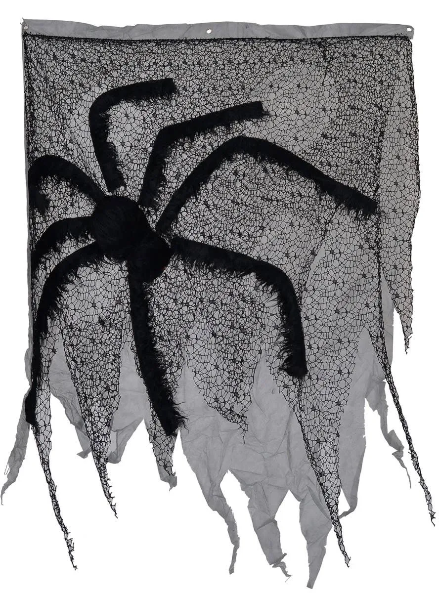 Tattered Door Cover with Giant Black Fake Spider Halloween Decoration