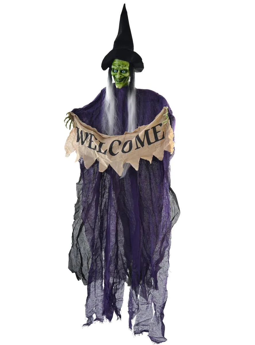 Tattered Purple Witch with Welcome Sign Halloween Decoration