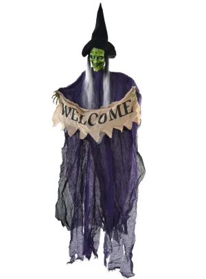 Tattered Purple Witch with Welcome Sign Halloween Decoration