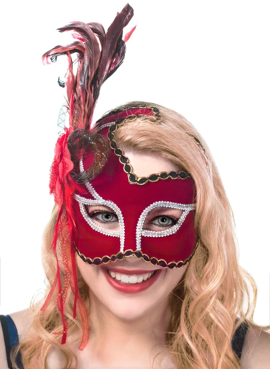 Thespian Side Feather Red Masquerade Mask