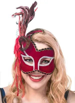 Thespian Side Feather Red Masquerade Mask