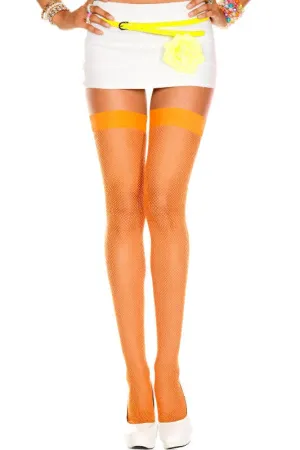 Thigh High Orange Fishnet Stockings with Plain Top