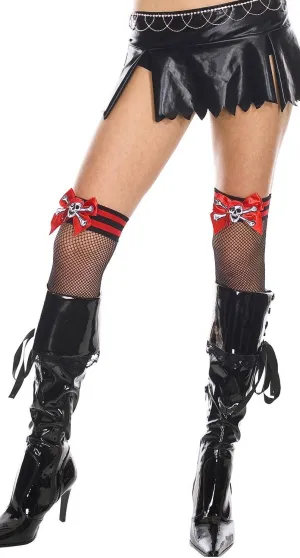 Thigh High Pirate Fishnet Stockings With Red Skull And Crossbones